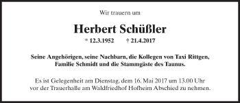 Traueranzeige von Herbert Schüßler von Trauerportal Rhein Main Presse