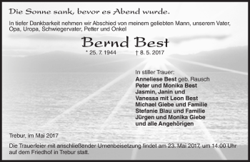 Traueranzeige von Bernd Best von Trauerportal Rhein Main Presse