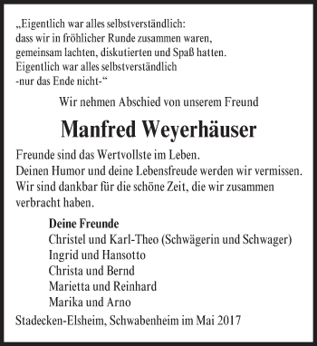 Traueranzeige von Manfred Weyerhäuser von Trauerportal Rhein Main Presse