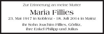 Traueranzeige von Maria Fillies von Trauerportal Rhein Main Presse