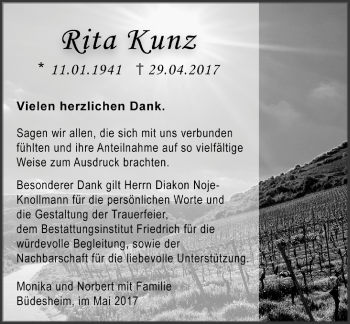 Traueranzeige von Rita Kunz von Trauerportal Rhein Main Presse