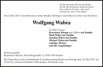 Traueranzeige von Wolfgang Wabra von Trauerportal Rhein Main Presse