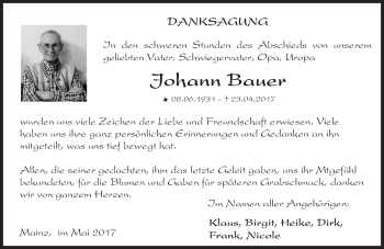 Traueranzeige von Johann Bauer von Trauerportal Rhein Main Presse