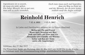 Traueranzeige von Reinhold Henrich von  Kreisanzeiger