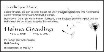 Traueranzeige von Helma Grauling von  Kreisanzeiger