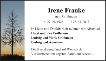 Traueranzeige von Irene Franke von Trauerportal Echo Online