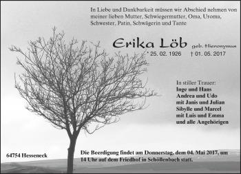 Traueranzeige von Erika Löb von Trauerportal Echo Online