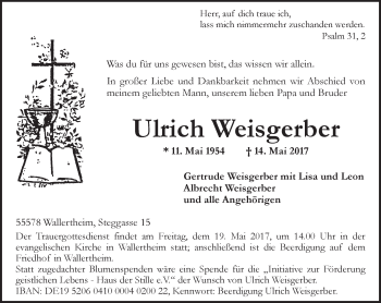 Traueranzeige von Ulrich Weisgerber von Trauerportal Rhein Main Presse