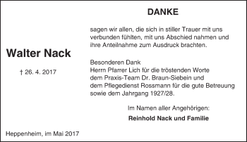 Traueranzeige von Walter Nack von Trauerportal Echo Online