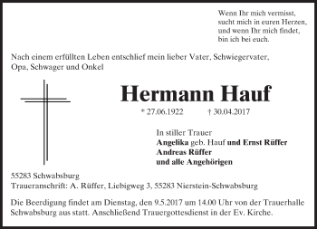 Traueranzeige von Hermann Hauf von Trauerportal Rhein Main Presse