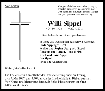 Traueranzeige von Willi Sippel von VRM Trauer
