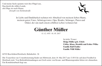 Traueranzeige von Günther Müller von Trauerportal Echo Online