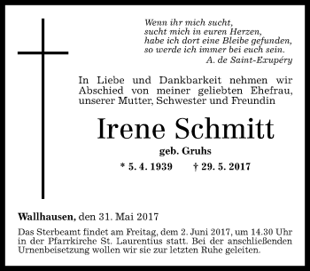 Traueranzeige von Irene Schmitt von Trauerportal Rhein Main Presse