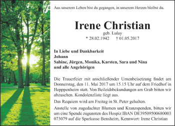 Traueranzeige von Irene Christian von Trauerportal Echo Online
