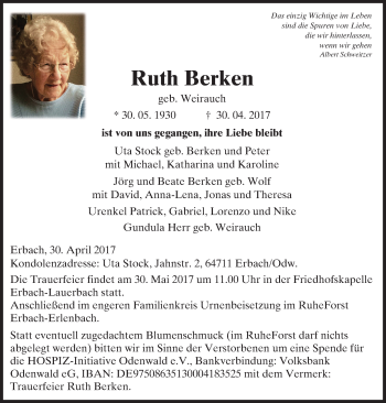 Traueranzeige von Ruth Berken von Trauerportal Echo Online