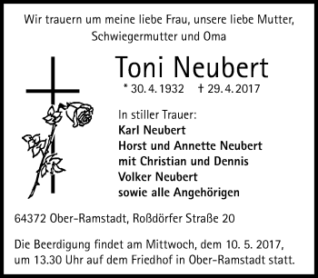 Traueranzeige von Toni Neubert von Trauerportal Echo Online