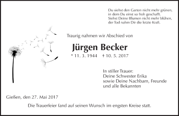Traueranzeige von Jürgen Becker von  Gießener Anzeiger