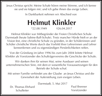 Traueranzeige von Helmut Klinkler von Trauerportal Echo Online
