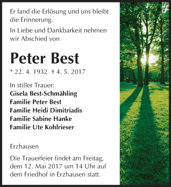 Traueranzeige von Peter Best von Trauerportal Echo Online