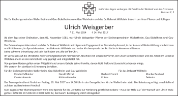 Traueranzeige von Ulrich Weisgerber von Trauerportal Rhein Main Presse