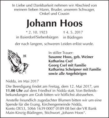 Traueranzeige von Johann Hoos von  Kreisanzeiger