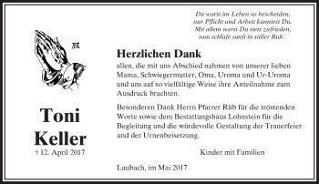 Traueranzeige von Toni Keller von  Usinger Anzeiger