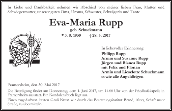 Traueranzeige von Eva-Maria Rupp von Trauerportal Rhein Main Presse