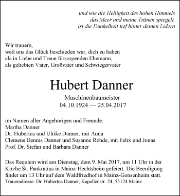 Traueranzeige von Hubert Danner von Trauerportal Rhein Main Presse