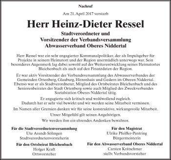 Traueranzeige von Heinz-Dieter Ressel von  Kreisanzeiger