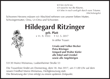 Traueranzeige von Hildegard Ritzinger von Trauerportal Rhein Main Presse