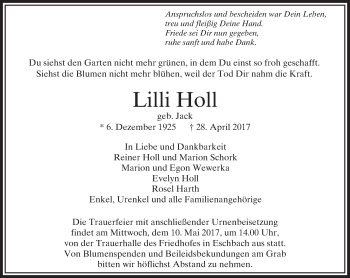 Traueranzeige von Lilli Holl von  Usinger Anzeiger