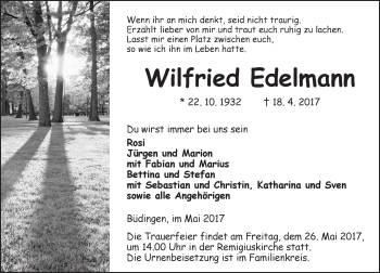 Traueranzeige von Wilfried Edelmann von  Kreisanzeiger