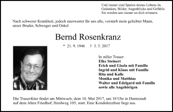 Traueranzeige von Bernd Rosenkranz von Trauerportal Echo Online