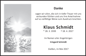 Traueranzeige von Klaus Schmidt von  Gießener Anzeiger