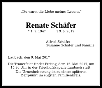 Traueranzeige von Renate Schäfer von  Gießener Anzeiger