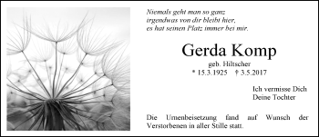 Traueranzeige von Gerda Komp von Trauerportal Echo Online