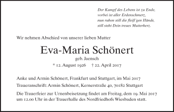 Traueranzeige von Eva-Maria Schönert von Trauerportal Rhein Main Presse