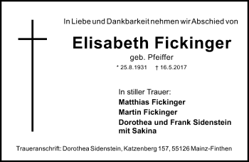 Traueranzeige von Elisabeth Fickinger von Trauerportal Rhein Main Presse