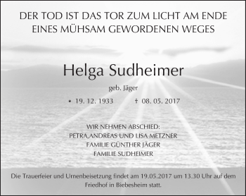 Traueranzeige von Helga Sudheimer von Trauerportal Echo Online