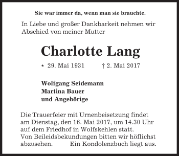 Traueranzeige von Charlotte Lang von Trauerportal Echo Online