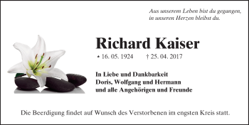 Traueranzeige von Richard Kaiser von Trauerportal Echo Online