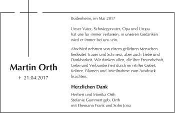 Traueranzeige von Martin Orth von Trauerportal Rhein Main Presse