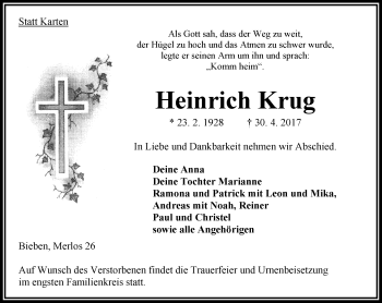 Traueranzeige von Heinrich Krug von VRM Trauer