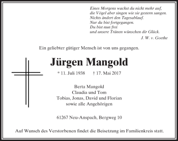 Traueranzeige von Jürgen Mangold von  Usinger Anzeiger