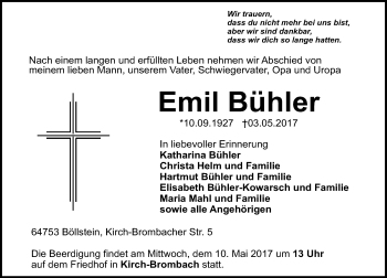 Traueranzeige von Emil Bühler von Trauerportal Echo Online