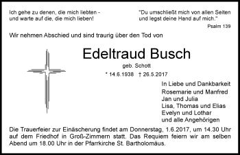 Traueranzeige von Edeltraud Busch von Trauerportal Echo Online