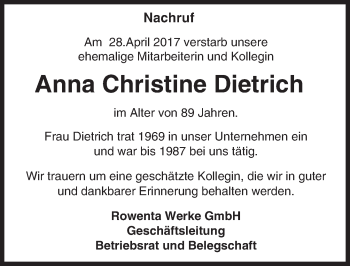 Traueranzeige von Anna Christine Dietrich von Trauerportal Echo Online