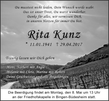 Traueranzeige von Rita Kunz von Trauerportal Rhein Main Presse