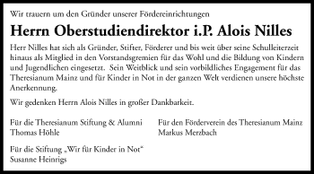 Traueranzeige von Alois Nilles von Trauerportal Rhein Main Presse