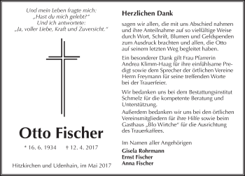 Traueranzeige von Otto Fischer von  Kreisanzeiger